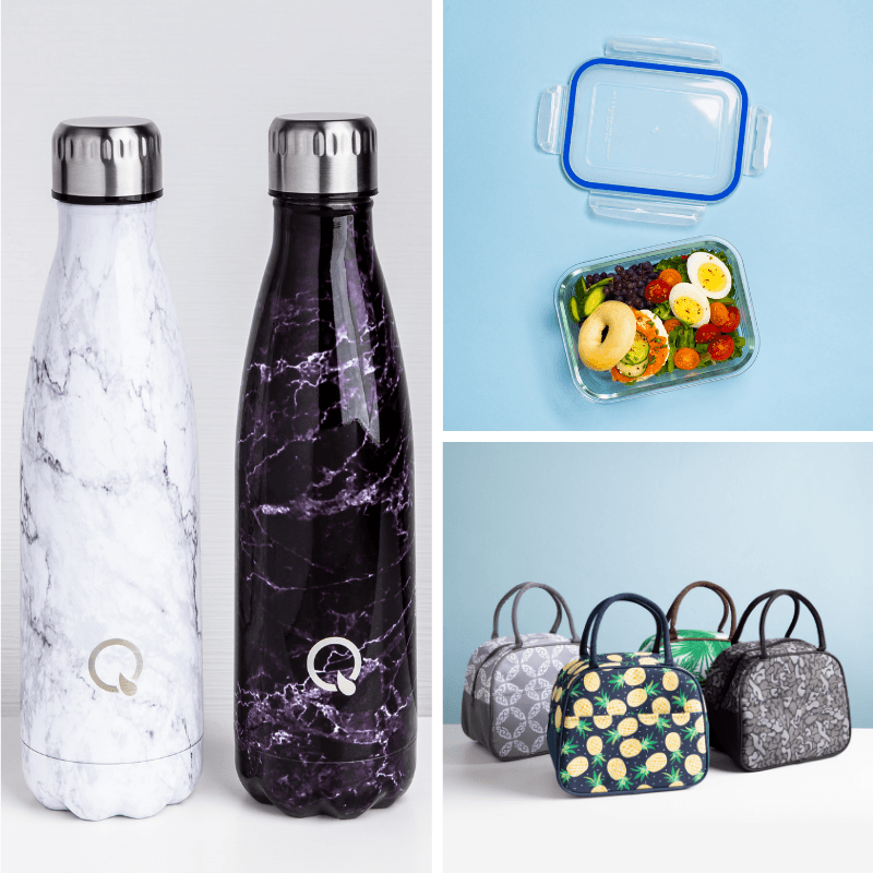 collage of ksp quench water bottles, ksp clip it glass container, and ksp duffle insulated lunch bags