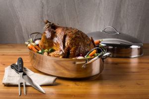 stainless steel hi-dome roaster with prepared turkey inside