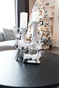 chrome reindeer on coffee table